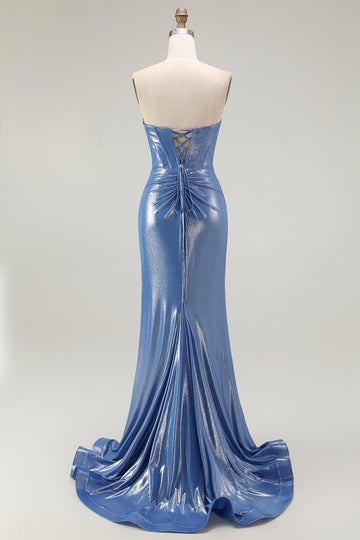 Sparkly Mermaid Corset Sweetheart Beaded Blue Long Formal Dress with Slit